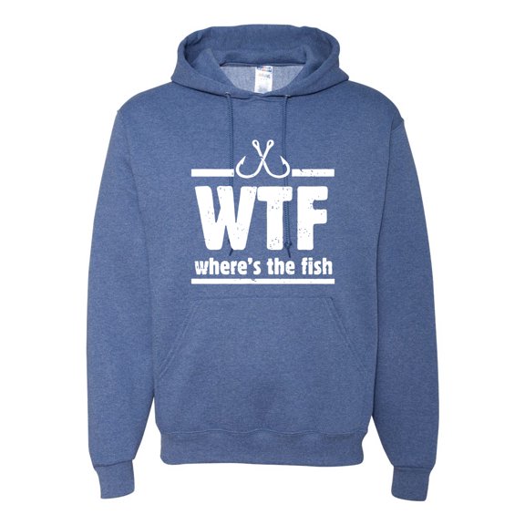 Where's the Fish WTF Parody | Mens Fishing Hooded Sweatshirt Graphic Hoodie, Vintage Heather Blue, X-Large