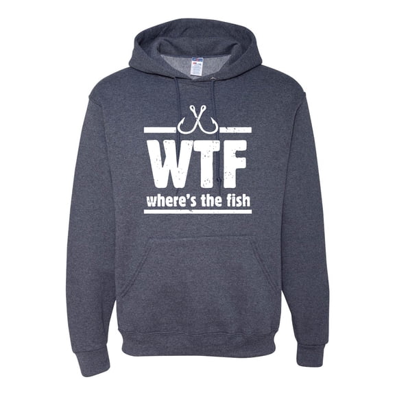 Where's the Fish WTF Parody | Mens Fishing Hooded Sweatshirt Graphic Hoodie, Vintage Heather Navy, 2XL