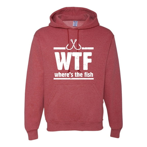 Where's the Fish WTF Parody | Mens Fishing Hooded Sweatshirt Graphic Hoodie, Vintage Heather Red, Small