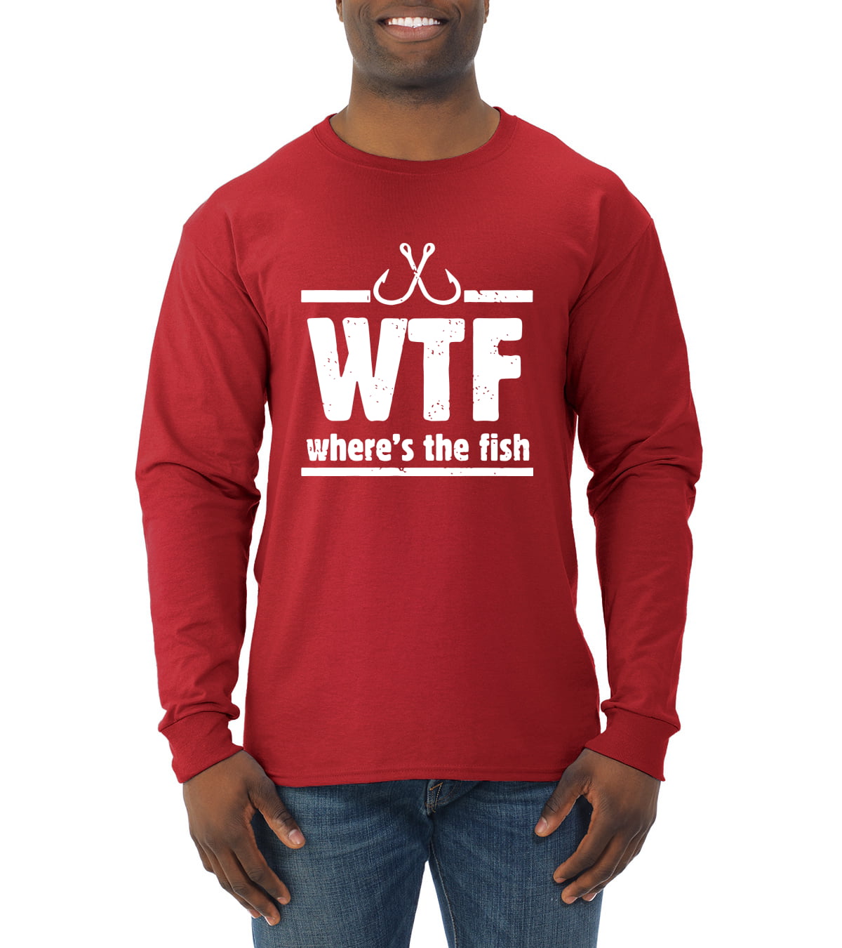 Where's the Fish WTF Parody | Mens Fishing Long Sleeve T-Shirt, Red, Large