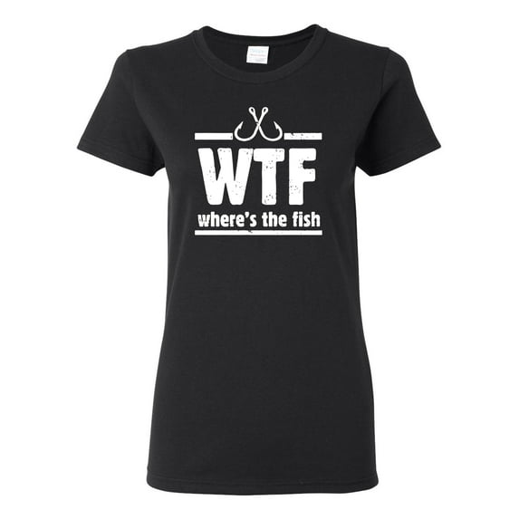 Where's the Fish WTF Parody | Womens Fishing Graphic T-Shirt, Black, Small
