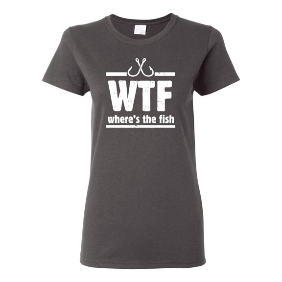Where's the Fish WTF Parody | Womens Fishing Graphic T-Shirt, Charcoal, 2XL