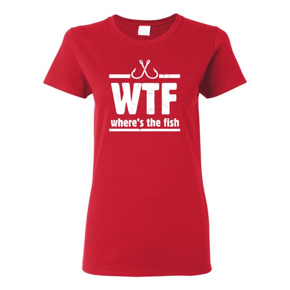Where's the Fish WTF Parody | Womens Fishing Graphic T-Shirt, Red, 2XL