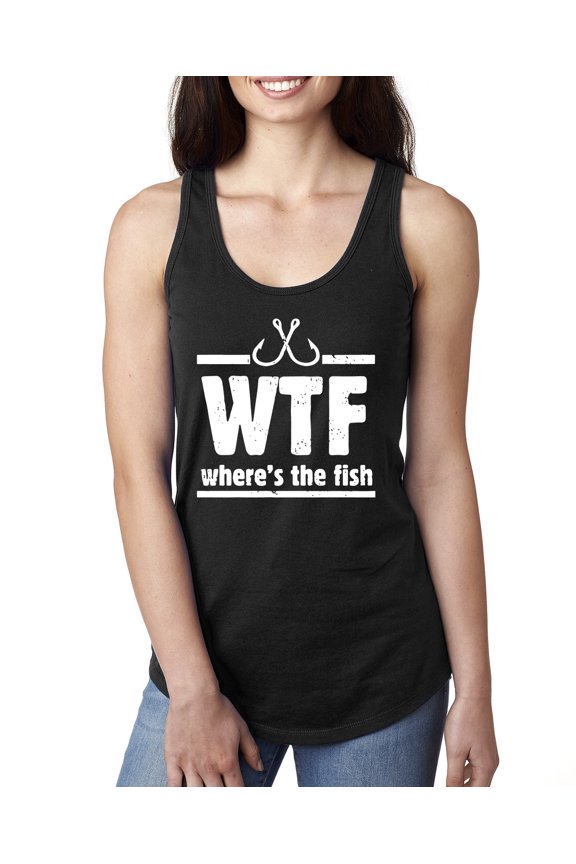 Where's the Fish WTF Parody | Womens Fishing Jersey Racerback Tank Top, Black, Medium