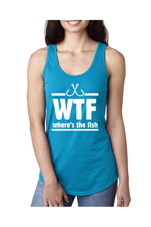 Where's the Fish WTF Parody | Womens Fishing Jersey Racerback Tank Top, Turquoise, Large