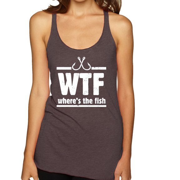 Where's the Fish WTF Parody | Womens Fishing Premium Tri-Blend Racerback Tank Top, Brown, X-Large