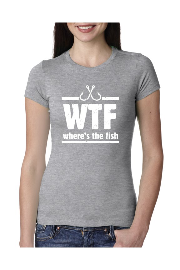 Where's the Fish WTF Parody | Womens Fishing Slim Fit Junior Tee, Heather Grey, Small