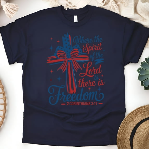 Where the Spirit of the Lord Is Shirt – 2 Corinthians 3:17 Christian Tee, Navy, Size L