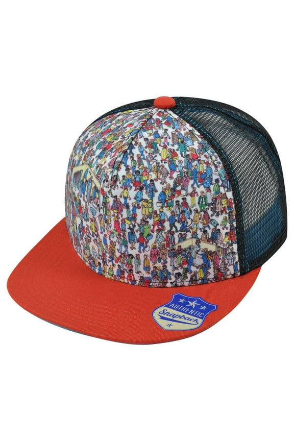 Wheres Waldo Screen Print Trucker Mesh Flat Bill Two Tone Snapback Hat Cap