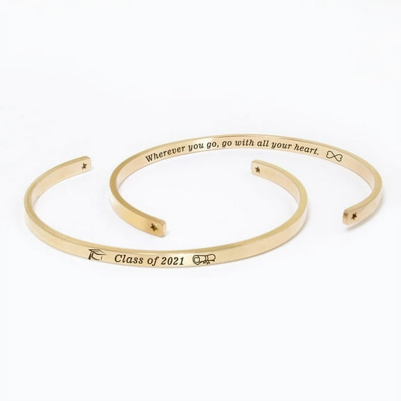 "Wherever you go…" Rose Gold Stainless Steel Graduation Theme Hidden Message Gift for Her Cuff Bracelet with Gift Set