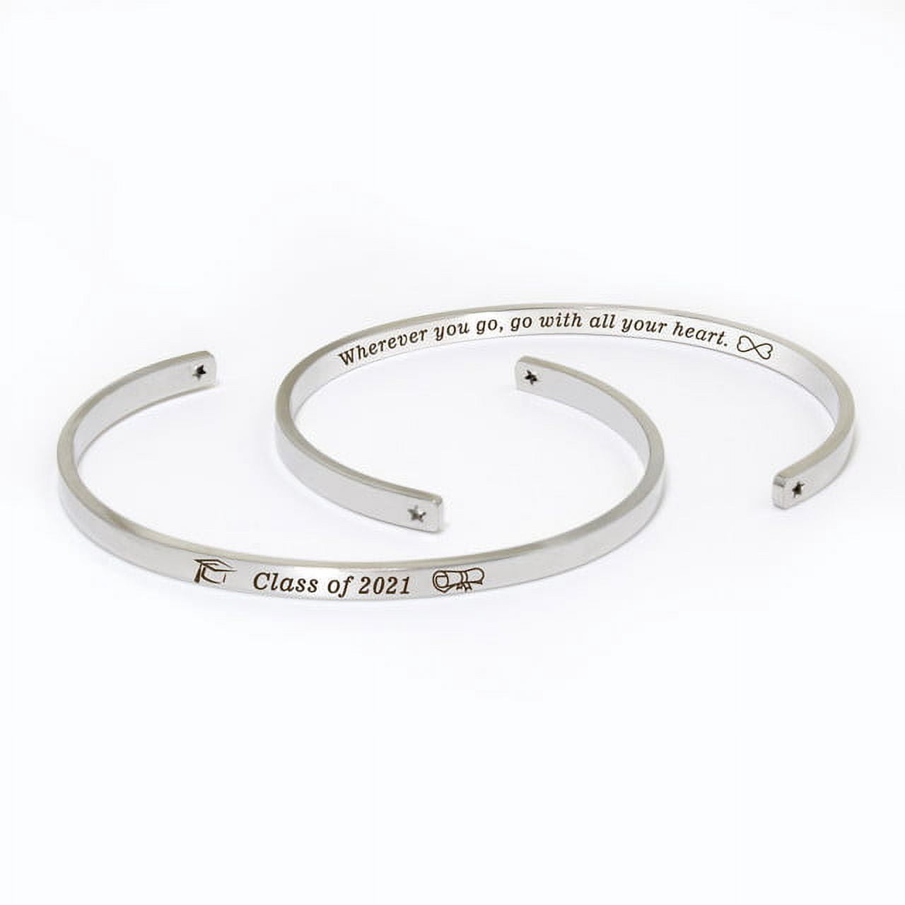 "Wherever you go…" Silver Stainless Steel Graduation Theme Hidden Message Gift for Her Cuff Bracelet with Gift Set