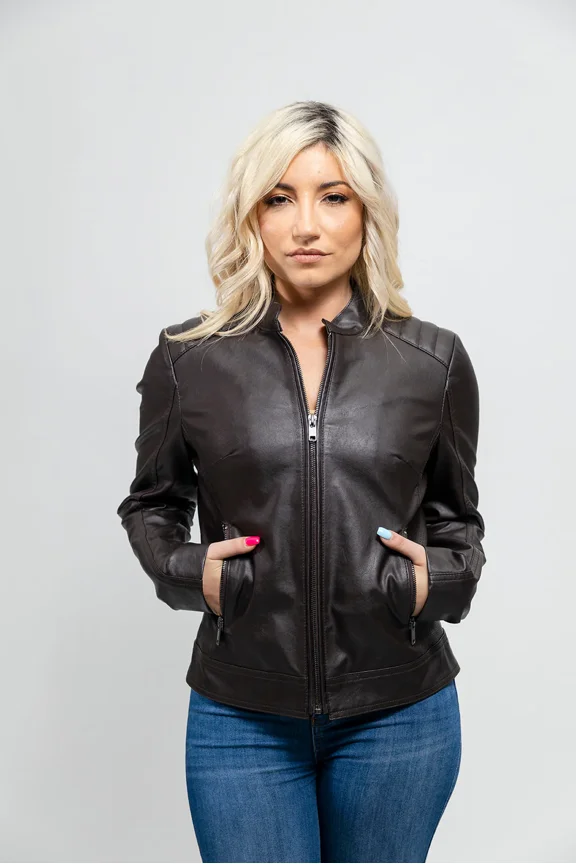 BEVERLY Vegan Faux Leather Fashion Collar Zip-Up Stylish Design Lightweight Outerwear Jacket Women Brown 2XL