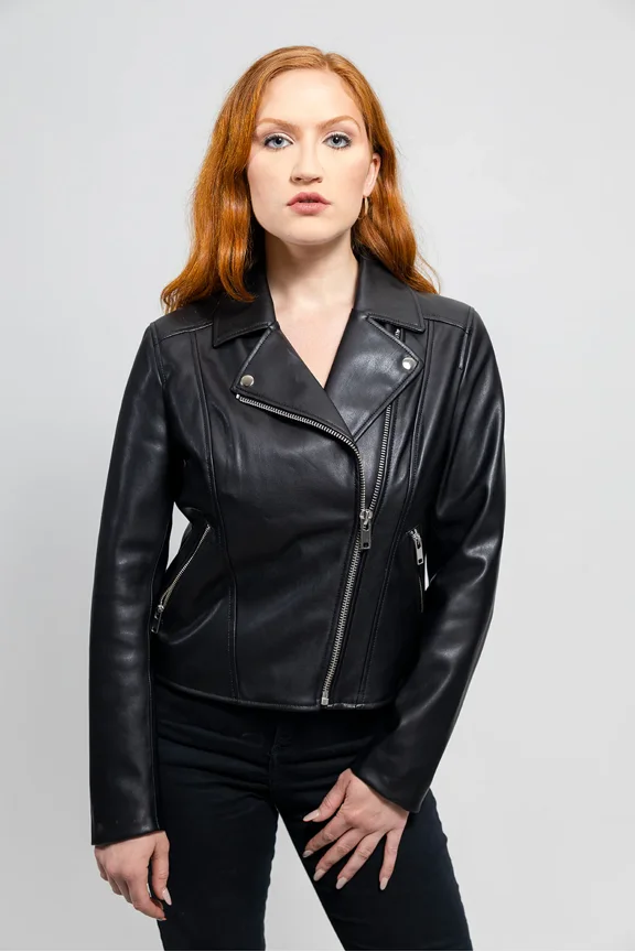 DEMI Vegan Leather Fashion Notch Collar Zip-Up Stylish Design Lightweight Outerwear Jacket Black Large