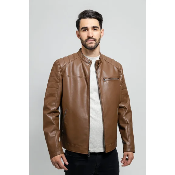Whet Blu DUSTIN Vegan Faux Leather Fashion Quilted Shoulder Lightweight Casual Zip Up Jacket Men Dark Camel Extra Large