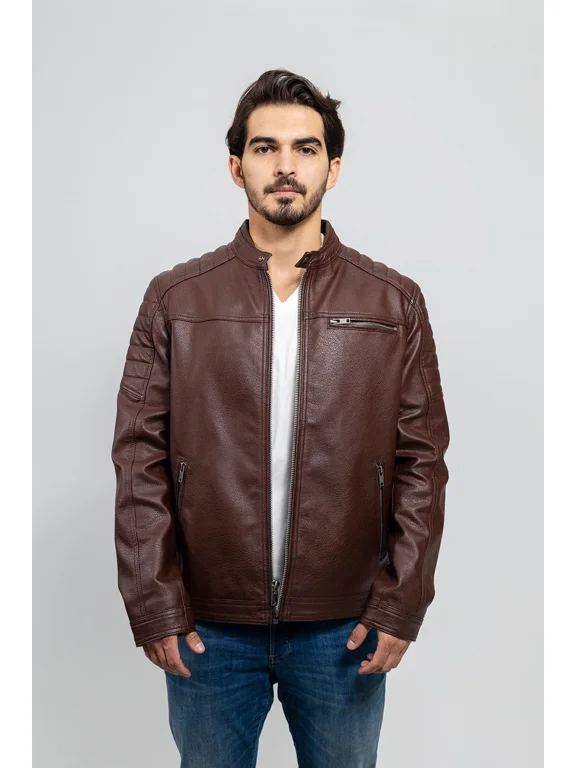 LOGAN Vegan Faux Leather Fashion Band Button Collar Quilted Shoulder Lightweight Casual Zip Up Jacket Men Redwood 2XL