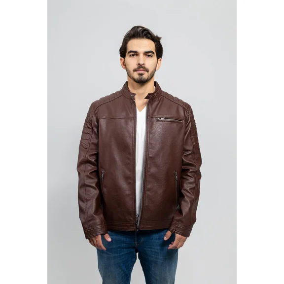 Whet Blu LOGAN Vegan Faux Leather Fashion Band Button Collar Quilted Shoulder Lightweight Casual Zip Up Jacket Men Redwood Medium