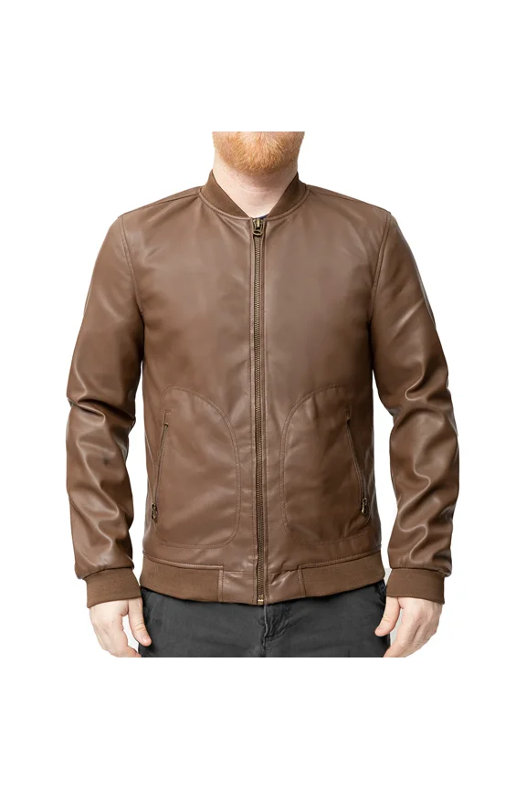 MYLES Vegan Faux Leather Fashion Lightweight Casual Zip Up Jacket Men Brown Medium