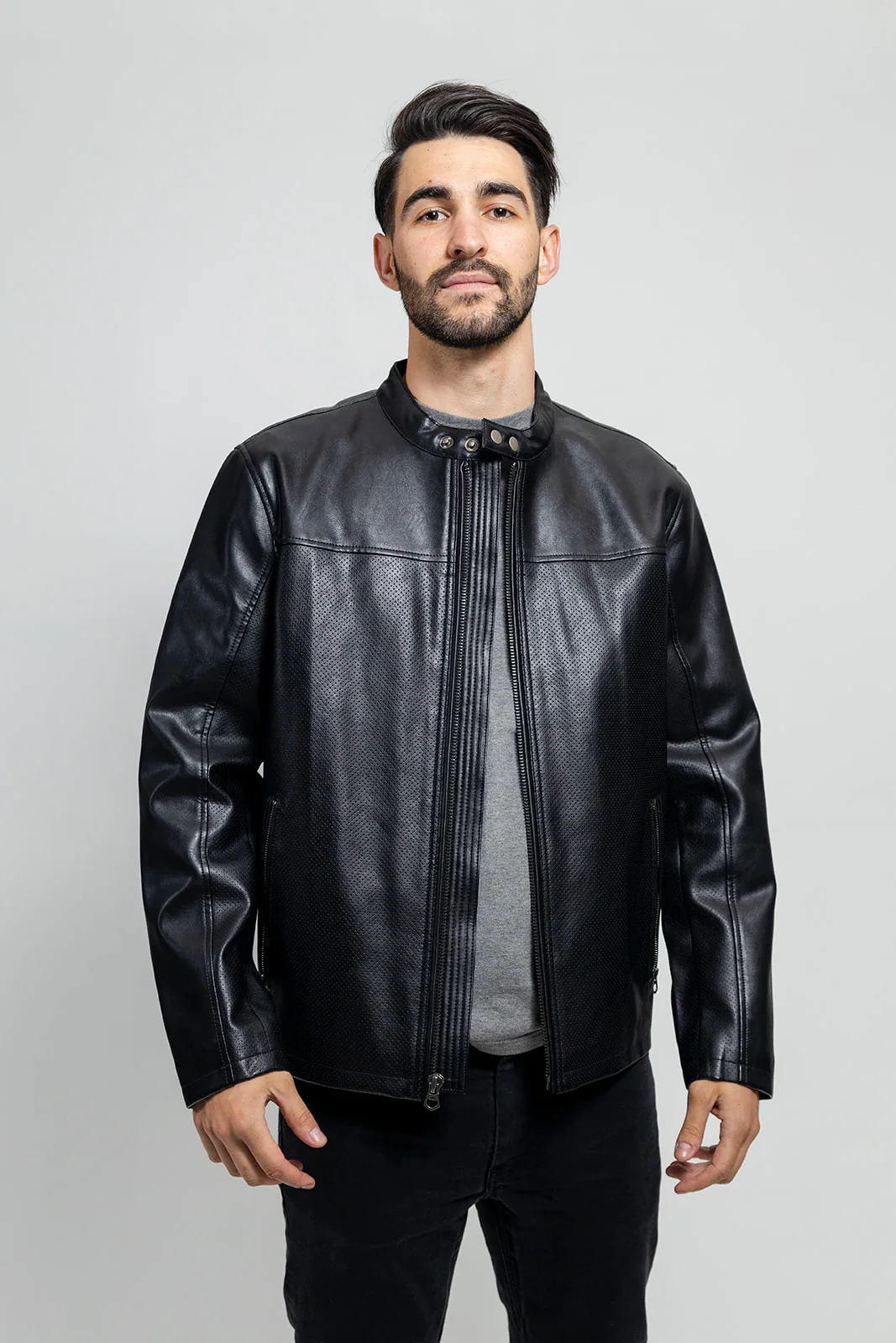 Whet Blu OLIVER Vegan Faux Leather Fashion Ban Collar Lightweight Casual Zip Up Jacket Men Black 2XL