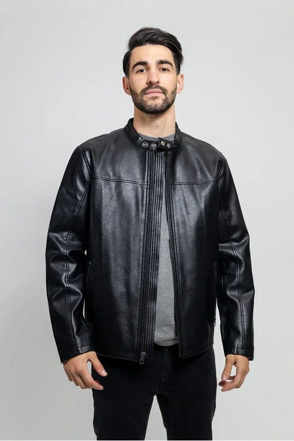 OLIVER Vegan Faux Leather Fashion Ban Collar Lightweight Casual Zip Up Jacket Men Black 2XL