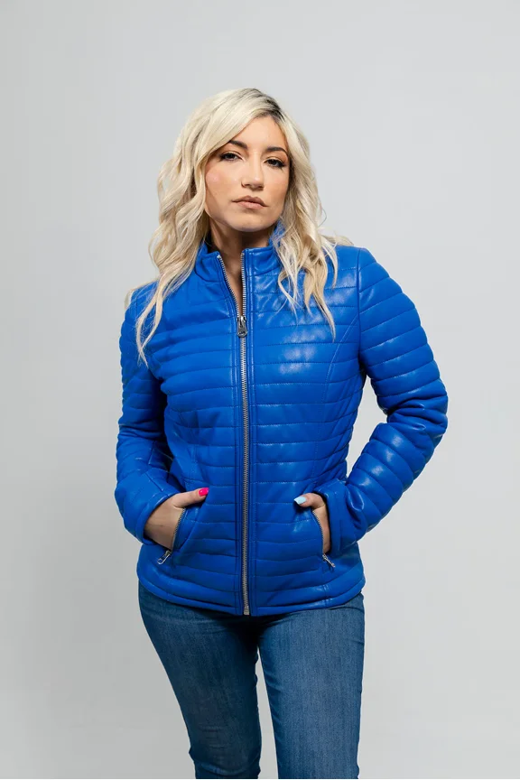 SKYLAR Vegan Leather Fashion Stylish Design Lightweight Outerwear Bomber Jacket Women Blue Large