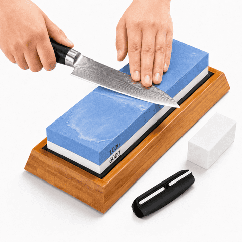 Whetstone Knife Sharpening Kit, 1000/6000 Grit Double-Sided Sharpening Stone with Bamboo Base, Silicone Holder, Angle Guide and Flattening Stone, Blue/White