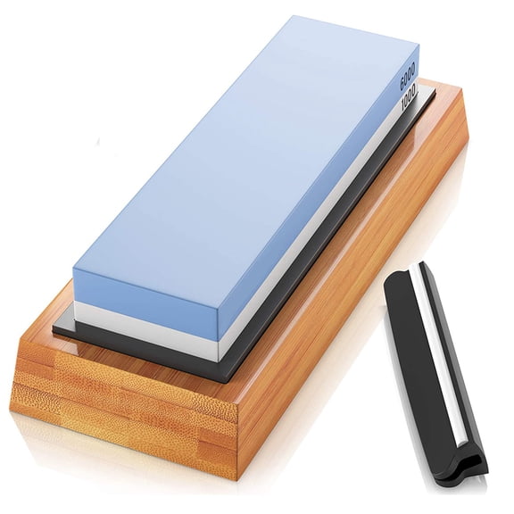Whetstone Knife Sharpening Stone 2 Side Grit 1000/6000 Whetstone Sharpener NonSlip Bamboo Base and Angle Guide