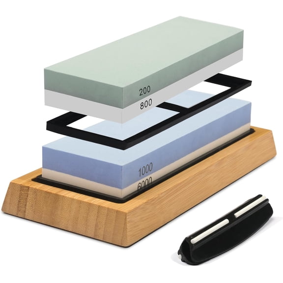 Whetstone Knife Sharpening Stone Kit: Double Straight Chef Sharpener Set - 200/800 1000/6000 Coarse Fine Grit kitchen Professional 2 Sided Honing Wet Stones Slip-Resistant Bamboo Base and Angle Guide