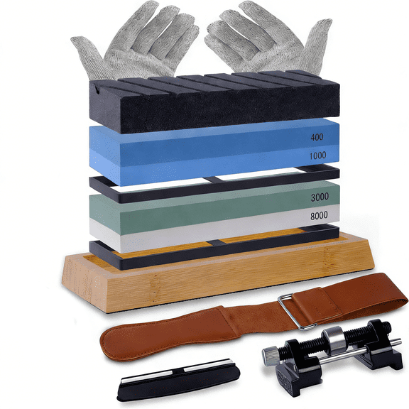 Whetstone Sharpening Stone Set with Bamboo Base, Cut Resistant Gloves, Angle Guide, Honing Guide, Flattening Stone, Leather Strop, Rubber Pad