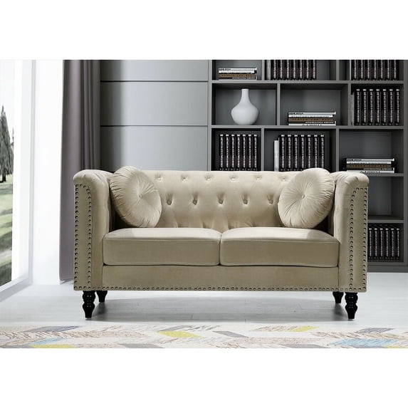 Whetzel Chesterfield 64" Rolled Arms Loveseat, Cream