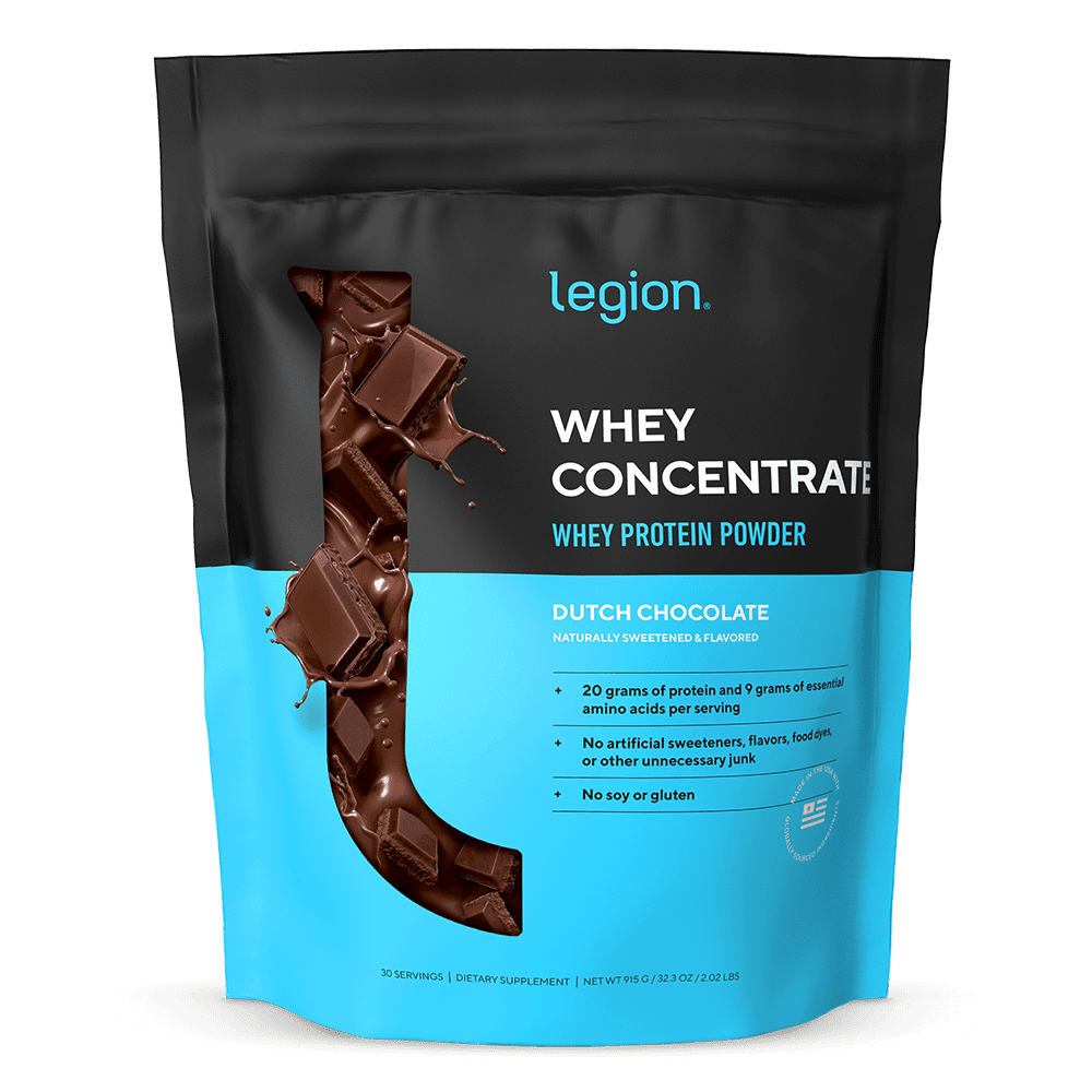 Legion Athletics Whey Protein Concentrate Powder, Dutch Chocolate, 20g Protein, 4.4g BCAAs, 9g Essential Amino Acids per Serving, 30 Servings, Naturally Sweetened & Flavored