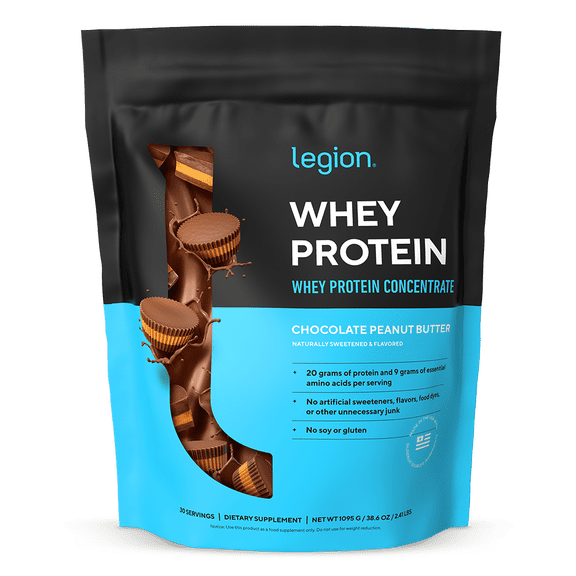 Legion Athletics Whey Protein Concentrate Powder, Chocolate Peanut Butter, 20g Protein, 4.4g BCAAs, 9g Essential Amino Acids per Serving, 30 Servings, Naturally Sweetened & Flavored
