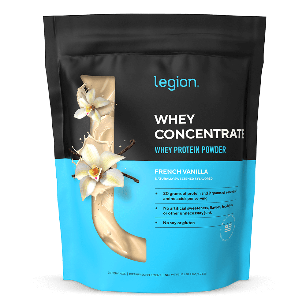 Legion Athletics Whey Protein Concentrate Powder, French Vanilla, 20g Protein, 4.4g BCAAs, 9g Essential Amino Acids per Serving, 30 Servings, Naturally Sweetened & Flavored
