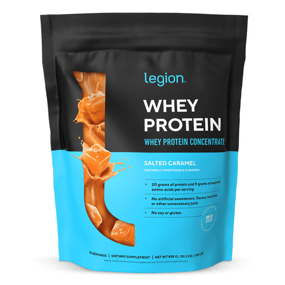 Legion Athletics Whey Protein Concentrate Powder, Salted Caramel, 20g Protein, 4.4g BCAAs, 9g Essential Amino Acids per Serving, 30 Servings, Naturally Sweetened & Flavored
