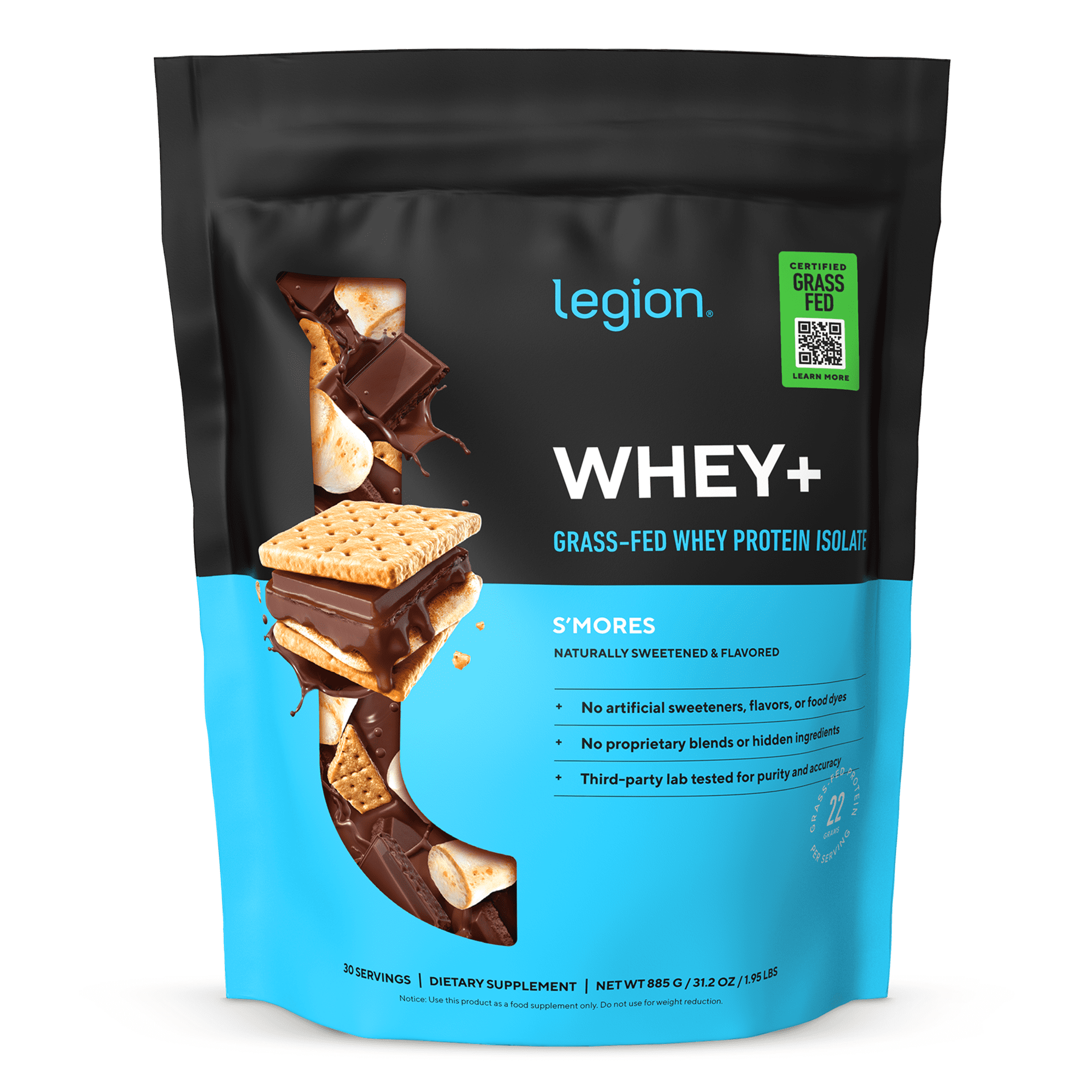 Legion Athletics Whey+ Whey Protein Isolate Powder, S'mores, 22g Protein, 30 Servings, Naturally Sweetened, No Added Sugar