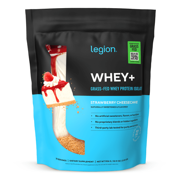 Legion Athletics Whey+ Whey Protein Isolate Powder, Strawberry Cheesecake, 22g Protein, 30 Servings, Naturally Sweetened, No Added Sugar