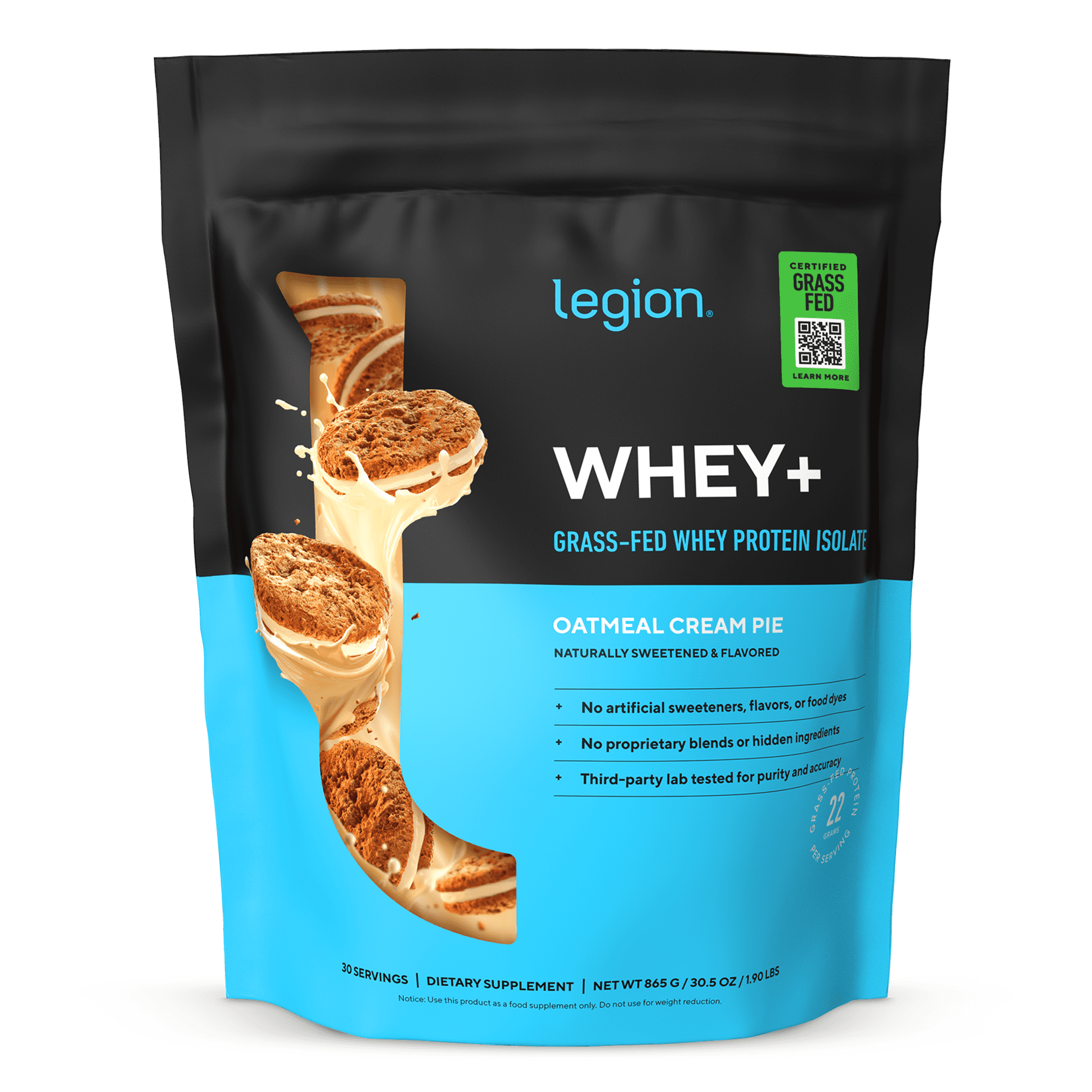 Legion Athletics Whey+ Whey Protein Isolate Powder, Oatmeal Cream Pie, 22g Protein, 30 Servings, Naturally Sweetened, No Added Sugar
