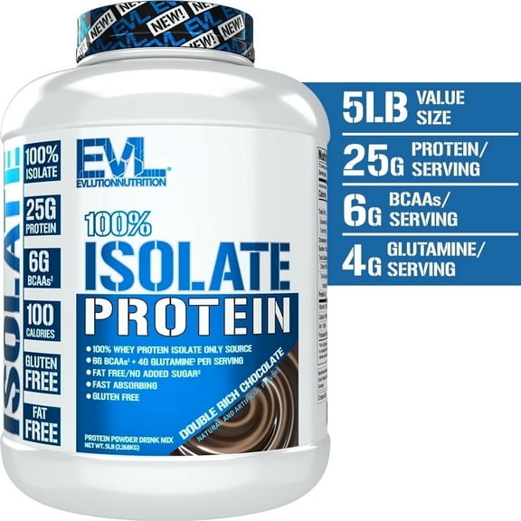 Whey Protein Powder 100% Isolate 25g - Evlution Nutrition Whey Isolate Protein Powder 5 LB - No Sugar Added, Low Carb Gluten Free - EVL Fast Absorbing Chocolate Protein Powder with BCAA