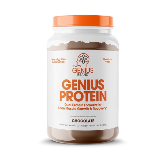 Genius Protein Powder, Chocolate - Dual Protein Blend with Improved Whey Isolate & Natural Egg White for Lean Muscle Building for Men & Women - Grass-Fed Pre & Post Workout Meal Replacement Shake