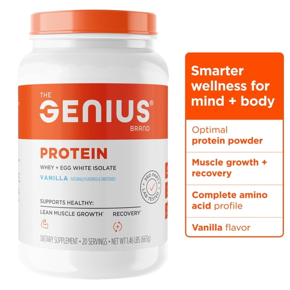 Genius Protein Powder, Vanilla - Dual Protein Blend with Improved Whey Isolate & Natural Egg White - Grass-Fed Pre & Post Workout Meal Replacement Shake - 20 Servings