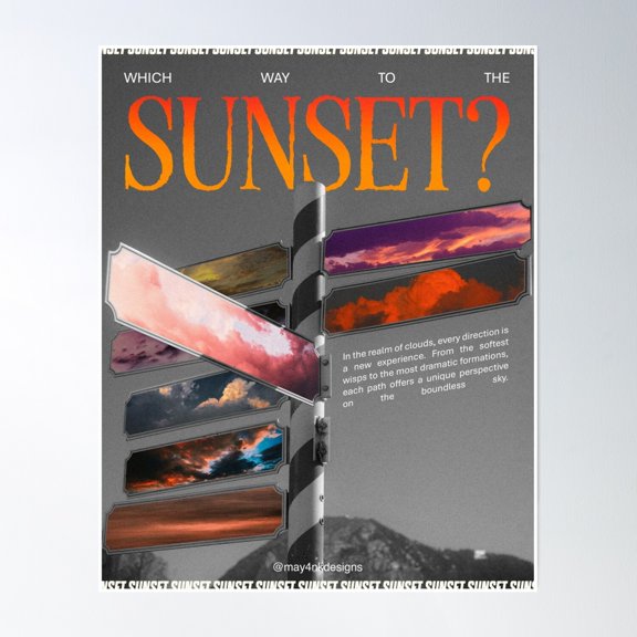Which Way To The Sunset?, Dreamy Surreal Cloudscape Signpost Art Poster Wall Art, Modern Wall Decor, 8x12 UNFRAMED