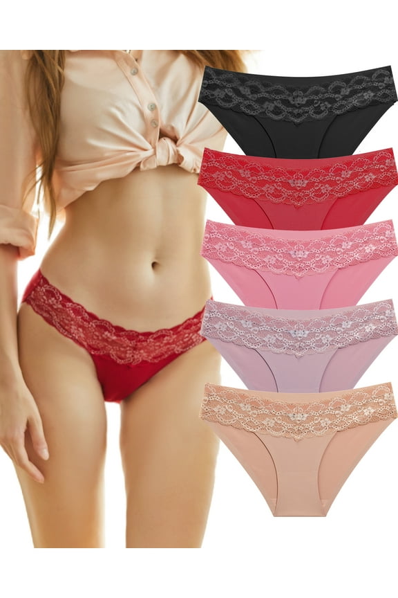 Seamless Underwear for Women No Show Bikini Panties Lace Ladies High Cut Hipster Invisible Stretch Cheeky S-XL 5 Packs
