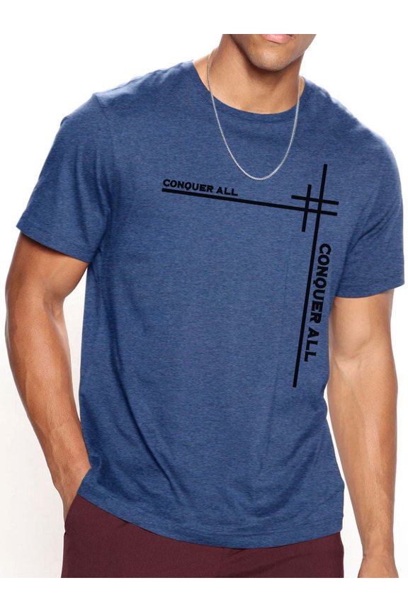 Conquer All Text Lines Print Men's Comfy Crew Neck Casual Graphics Design Cotton T-shirt Sizes S-2XL