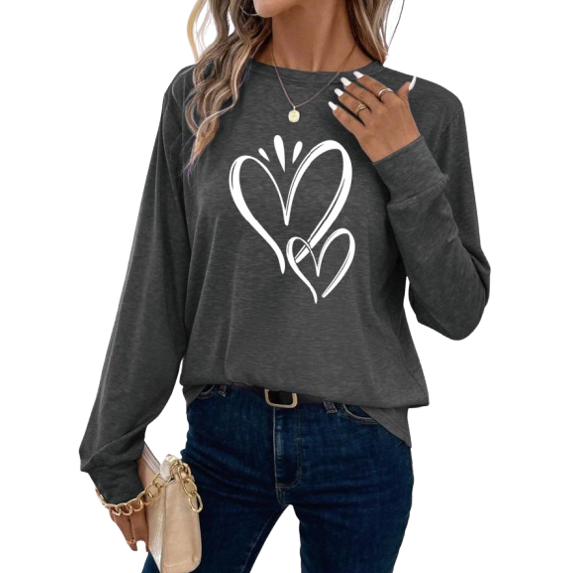 Whichone Essentials T Shirt for Women Ladies Double Heart Graphic with Raglan Sleeve Gray M