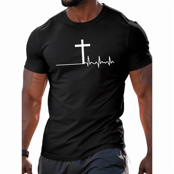 Whichone Men's 100% Cotton T-shirt Cross On The Chest Print Stylish Daiyly Wear,Black,Sizes S-2XL