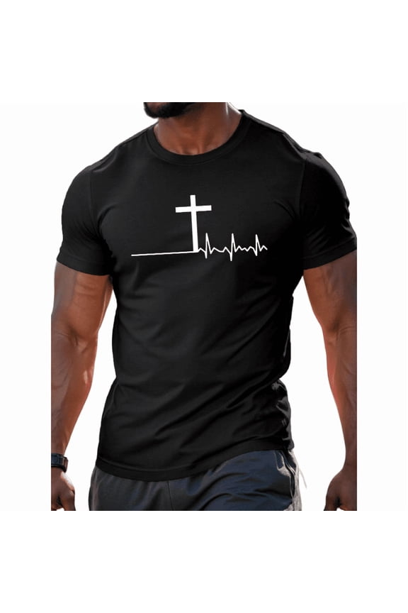 Men's 100% Cotton T-shirt Cross On The Chest Print Stylish Daiyly Wear,Black,Sizes S-2XL