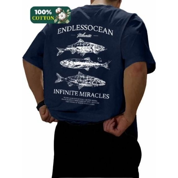 Whichone Men's 100% Cotton T-shirt Fish of the ocean Print Stylish Daiyly Wear Sizes S-2XL