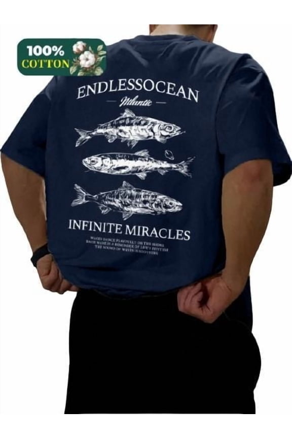 Men's 100% Cotton T-shirt Fish of the ocean Print Stylish Daiyly Wear Sizes S-2XL