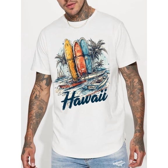 Whichone Men's 100% Cotton T-shirt Hawaiian Summer Style Print Stylish Daiyly Wear,White,Sizes S-2XL