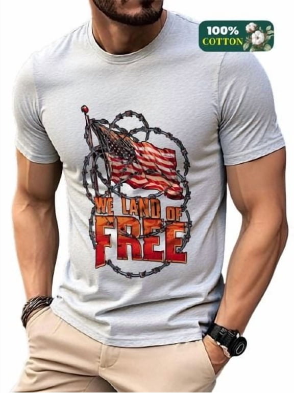 Men's 100% Cotton T-shirt The American flag and the letters of freedom Print Stylish Daiyly Wear Sizes S-2XL