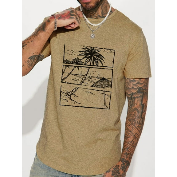 Whichone Men's And Big Men's Casual Tee Hawaii Beach Graffiti Print Short Sleeve Crew Neck T-shirt, As Gift (Up To 2XL)